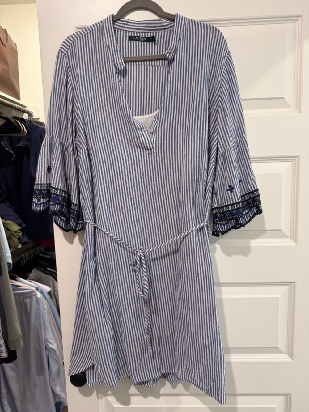 Lauren Ralph Lauren Blue Stripe Embroidered Sleeve Tie-Waist Dress